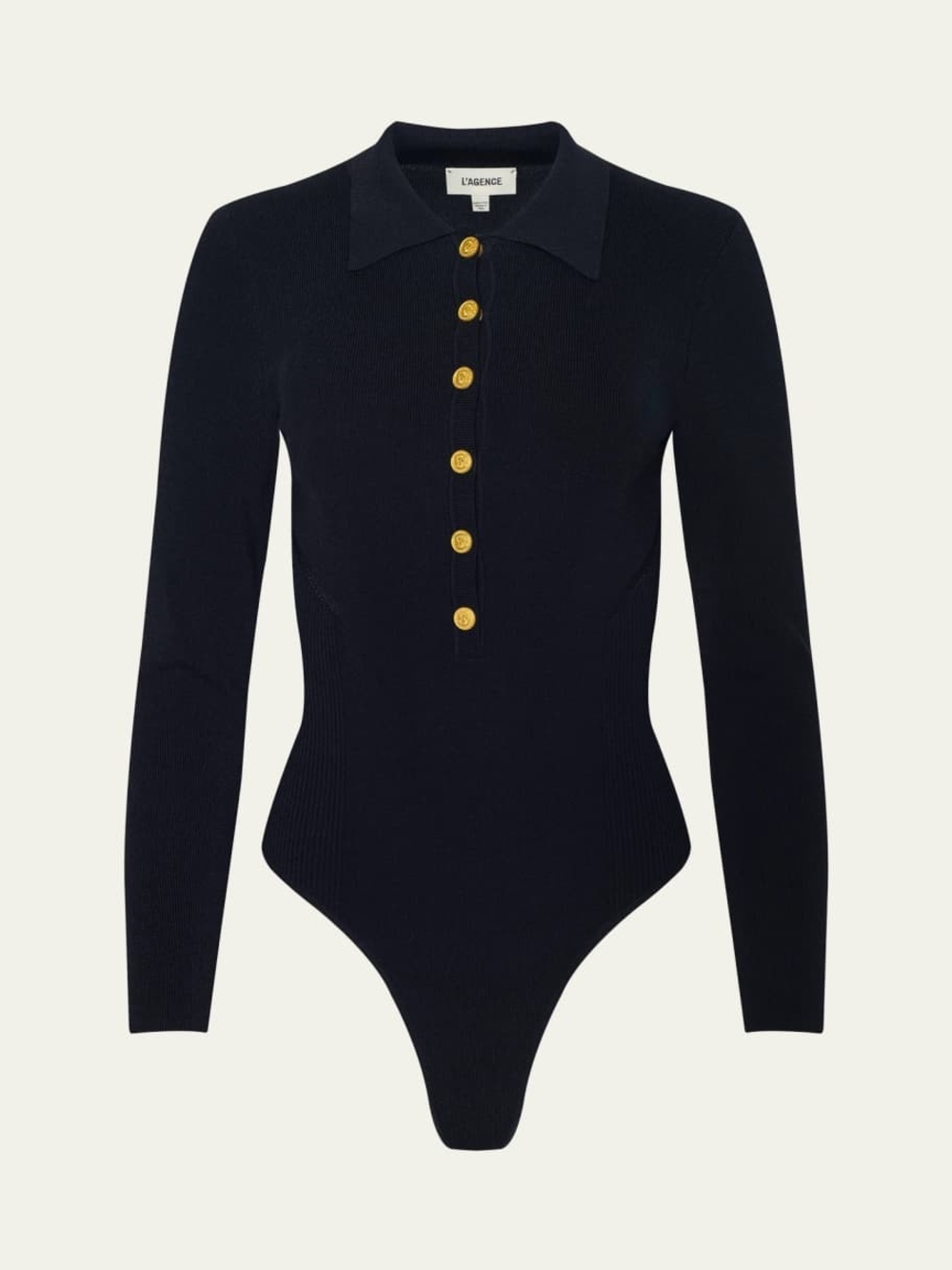 L'AGENCE Elisabetta Knit Black Ribbed Polo Bodysuit with Gold Buttons